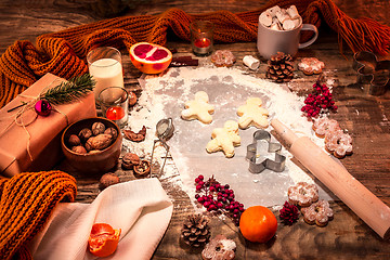 Image showing Homemade bakery making, gingerbread cookies in form of Christmas tree close-up.