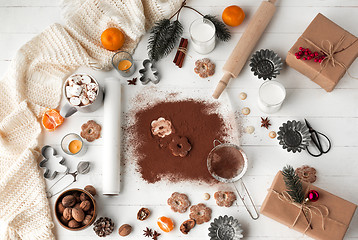 Image showing Homemade bakery making, gingerbread cookies in form of Christmas tree close-up.