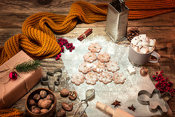 Image showing Homemade bakery making, gingerbread cookies in form of Christmas tree close-up.