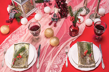 Image showing Beautiful Christmas table setting with decorations