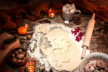 Image showing Homemade bakery making, gingerbread cookies in form of Christmas tree close-up.