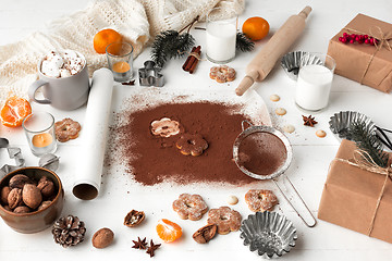 Image showing Homemade bakery making, gingerbread cookies in form of Christmas tree close-up.