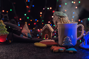 Image showing Christmas cookies and cup of tea