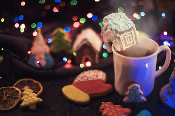 Image showing Christmas cookies and cup of tea