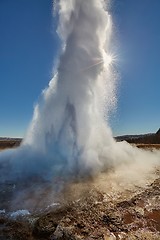 Image showing Erupting geyser in sunlight