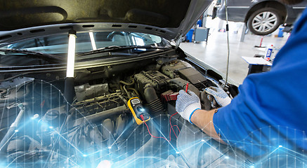 Image showing auto mechanic man with multimeter testing battery