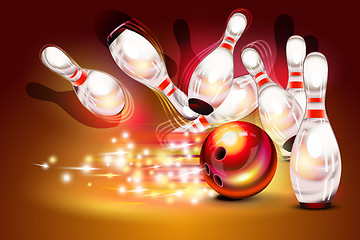 Image showing Bowling game strike over dark red background