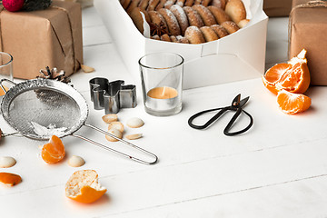 Image showing Homemade bakery making, gingerbread cookies in form of Christmas tree close-up.