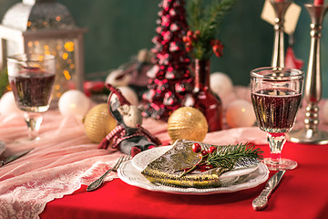 Image showing Beautiful Christmas table setting with decorations