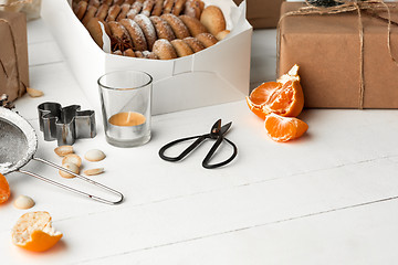 Image showing Homemade bakery making, gingerbread cookies in form of Christmas tree close-up.