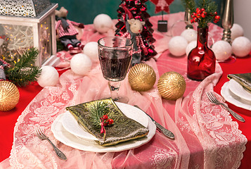 Image showing Beautiful Christmas table setting with decorations