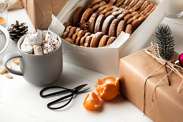 Image showing Homemade bakery making, gingerbread cookies in form of Christmas tree close-up.