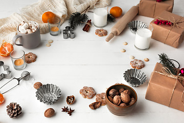 Image showing Homemade bakery making, gingerbread cookies in form of Christmas tree close-up.