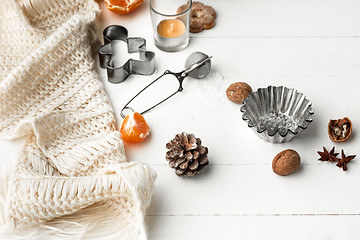 Image showing Homemade bakery making, gingerbread cookies in form of Christmas tree close-up.