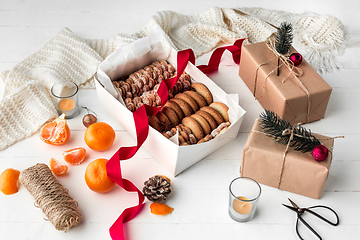 Image showing Homemade bakery making, gingerbread cookies in form of Christmas tree close-up.