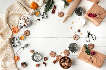 Image showing Homemade bakery making, gingerbread cookies in form of Christmas tree close-up.