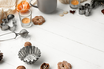 Image showing Homemade bakery making, gingerbread cookies in form of Christmas tree close-up.