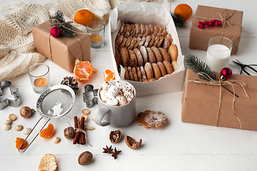 Image showing Homemade bakery making, gingerbread cookies in form of Christmas tree close-up.