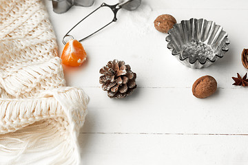 Image showing Homemade bakery making, gingerbread cookies in form of Christmas tree close-up.