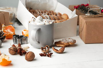 Image showing Homemade bakery making, gingerbread cookies in form of Christmas tree close-up.