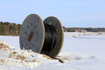 Image showing Cable Reel at Work Site in Winter