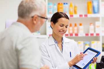Image showing apothecary and customer with tablet pc at pharmacy