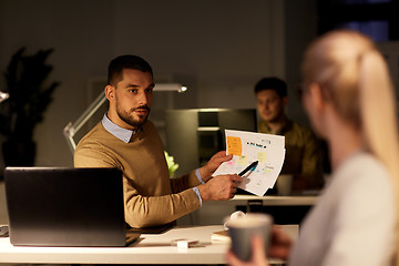 Image showing colleagues discussing project late in office