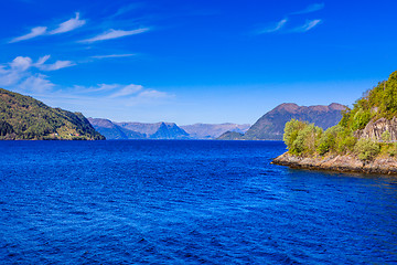 Image showing Nordfjord, a beautiful landscape with fjord and mountains.