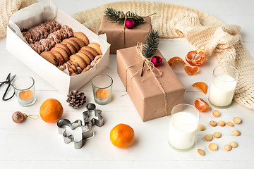 Image showing Homemade bakery making, gingerbread cookies in form of Christmas tree close-up.