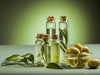 Image showing Olive oil and olive branch on the wooden table