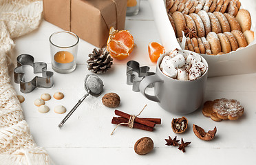 Image showing Homemade bakery making, gingerbread cookies in form of Christmas tree close-up.