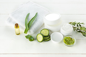 Image showing Cucumber and aloe cosmetic cream face, skin and body care hygiene moisture lotion