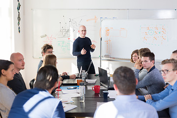 Image showing Relaxed informal IT business startup company team meeting.