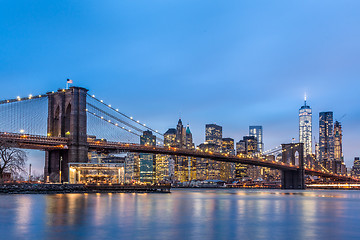 Image showing Brooklyn bridge at dusk, New York City.