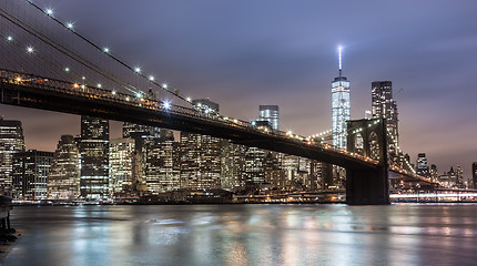 Image showing Brooklyn bridge at dusk, New York City.