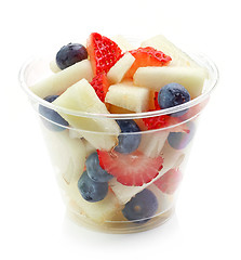 Image showing fresh fruit pieces salad in plastic cup