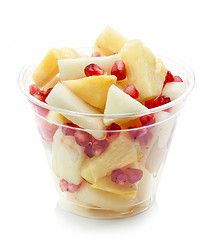 Image showing fresh fruit pieces salad in plastic cup