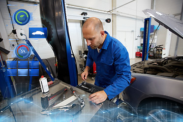 Image showing mechanic man with wrench repairing car at workshop