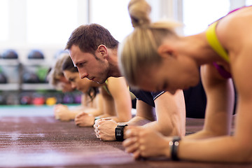 Image showing man at group training doing plank exercise in gym