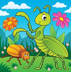 Image showing Meadow with praying mantis and bug