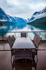 Image showing Cafe on the nature background lovatnet lake.