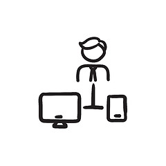 Image showing Man linked with computer and phone sketch icon.