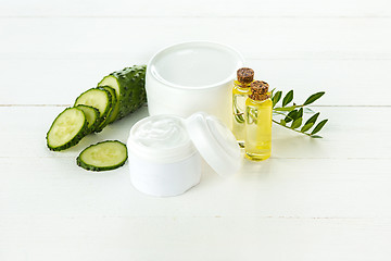 Image showing Cucumber and aloe cosmetic cream face, skin and body care hygiene moisture lotion