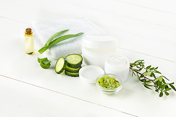 Image showing Cucumber and aloe cosmetic cream face, skin and body care hygiene moisture lotion