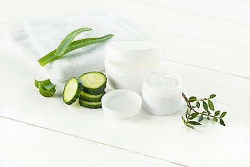 Image showing Cucumber and aloe cosmetic cream face, skin and body care hygiene moisture lotion