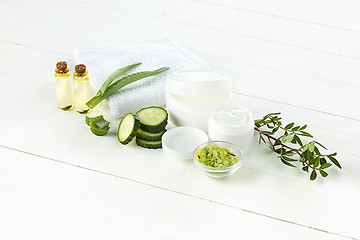 Image showing Cucumber and aloe cosmetic cream face, skin and body care hygiene moisture lotion