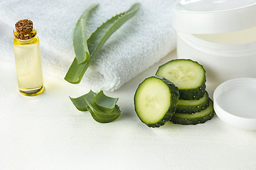 Image showing Cucumber and aloe cosmetic cream face, skin and body care hygiene moisture lotion