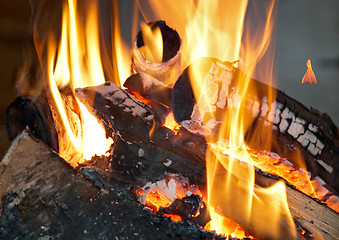 Image showing Burning open fireplace with fire, flame, wood and embers