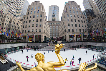 Image showing Golden Prometheus statue and Rockefeller Center ice skate rink, Manhattan, New York City, USA.