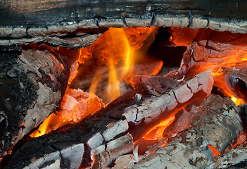 Image showing Texture of burning open fireplace with fire, flame, wood and embers